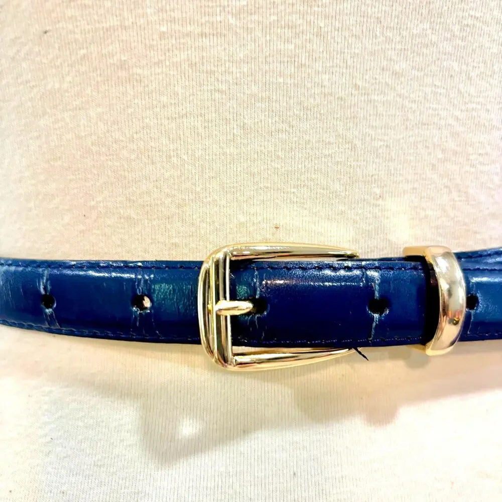 Vintage Navy Blue Leather Skinny Belt Gold Buckle Quiet Luxury L